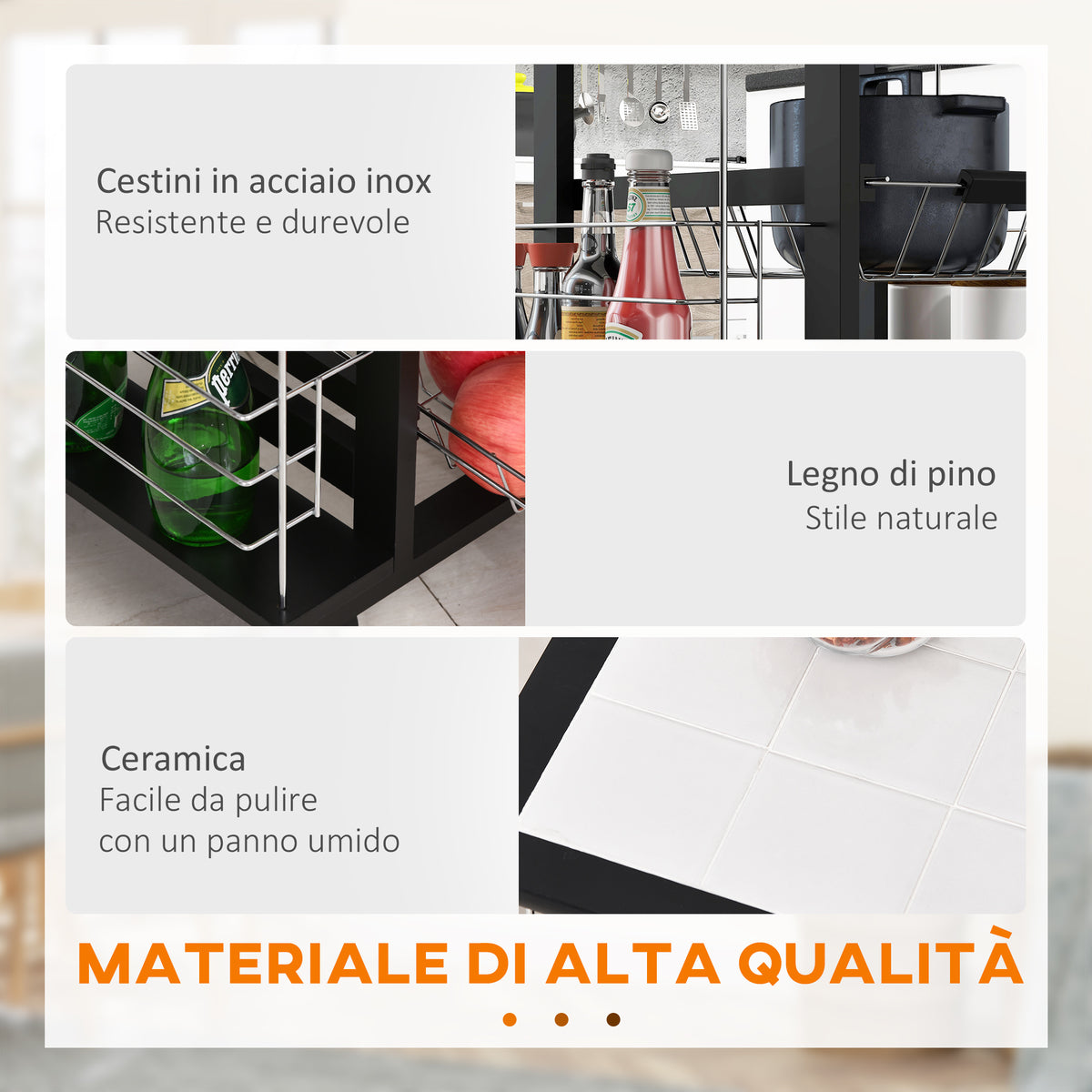 Carrello da Cucina con Cassetto, 4 Cesti di Frutta Estraibili e Piano in Ceramica, Carrello Cucina Salvaspazio con 4 Ripiani Laterali in Legno di Pino e Metallo, 57x37x83 cm, Nero