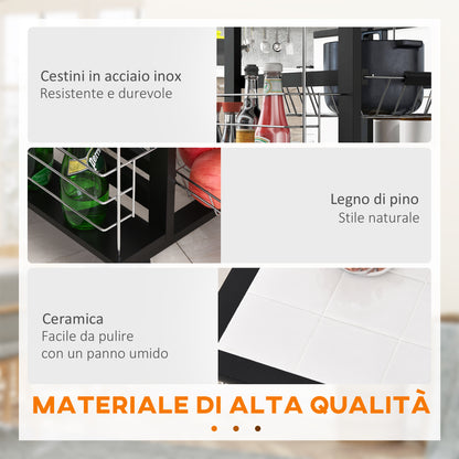 Carrello da Cucina con Cassetto, 4 Cesti di Frutta Estraibili e Piano in Ceramica, Carrello Cucina Salvaspazio con 4 Ripiani Laterali in Legno di Pino e Metallo, 57x37x83 cm, Nero