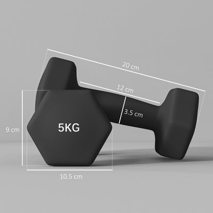 Set 2 Manubri Esagonali da 2x5 kg in Metallo e Plastica con Impugnatura Antiscivolo, 20x9x9 cm, Nero
