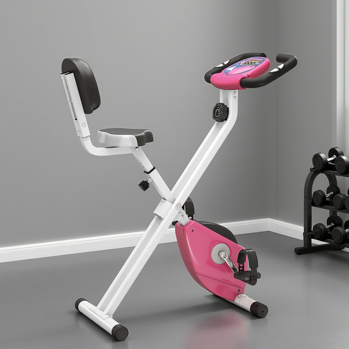 Cyclette Pieghevole da Fitness in Acciaio, Cyclette Magnetica Pieghevole da Casa con Altezza Regolabile, Resistenza Magnetica a 8 Livelli, Schermo LCD, 43x97x109cm, Rosa