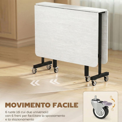 Tavolo Pieghevole per 4-6 Persone con 2 Ribalte e Ruote con Freno, 120x80x73 cm, Bianco Legno