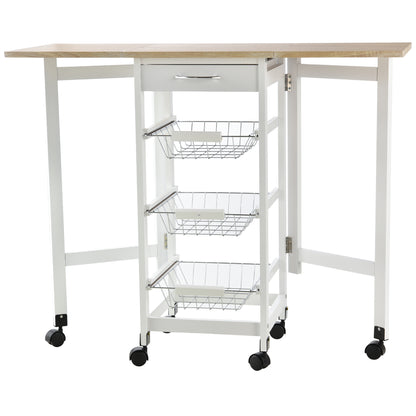 Carrello Portavivande Pieghevole a 6 Ruote con 3 Cestini, Cassetto e 2 Ribalte, Carrellino per Cucina in MDF e Metallo, 37x37x77.5 cm, Bianco e Legno