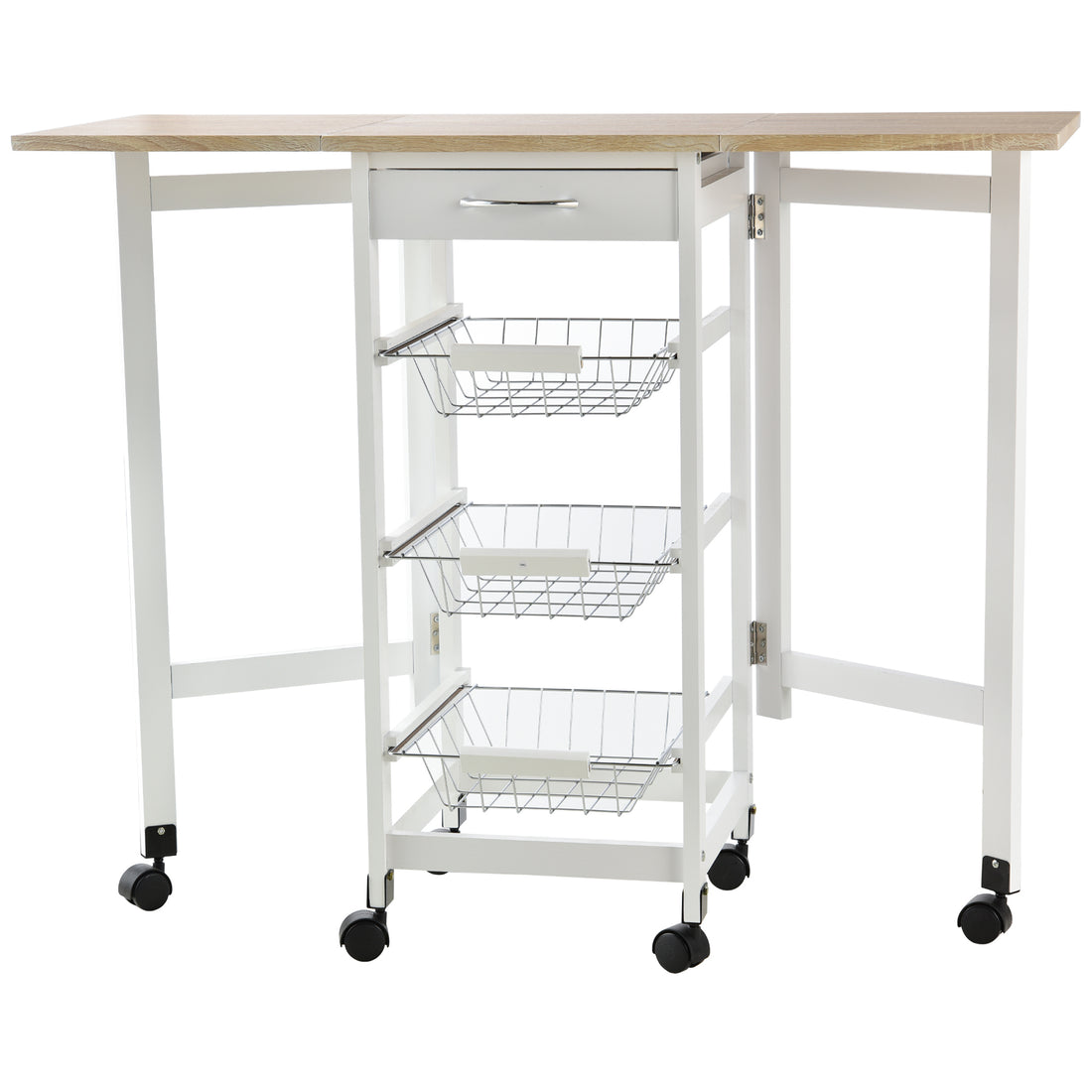 Carrello Portavivande Pieghevole a 6 Ruote con 3 Cestini, Cassetto e 2 Ribalte, Carrellino per Cucina in MDF e Metallo, 37x37x77.5 cm, Bianco e Legno