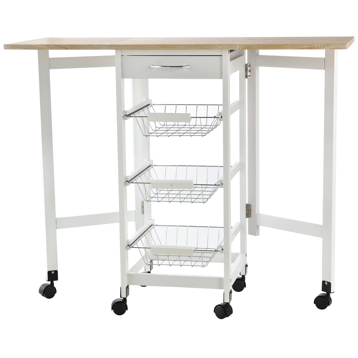 Carrello Portavivande Pieghevole a 6 Ruote con 3 Cestini, Cassetto e 2 Ribalte, Carrellino per Cucina in MDF e Metallo, 37x37x77.5 cm, Bianco e Legno