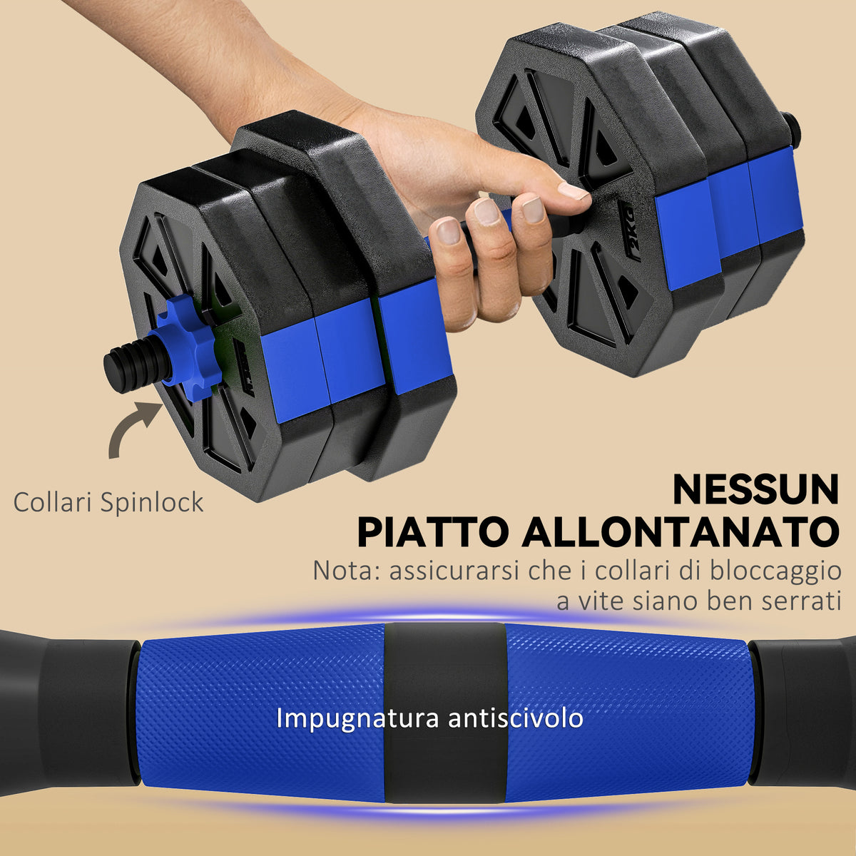 Set Pesi Palestra 6 in 1 Multifunzione da 20kg Totali in Plastica e Sabbia, 125x18x18 cm, Blu