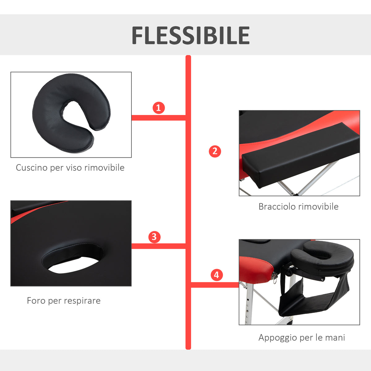 Lettino da Massaggio Pieghevole ad Altezza Regolabile, Lettino Professionale per Massaggi in Alluminio e Plastica, 215x81x61-84 cm, Nero e Rosso