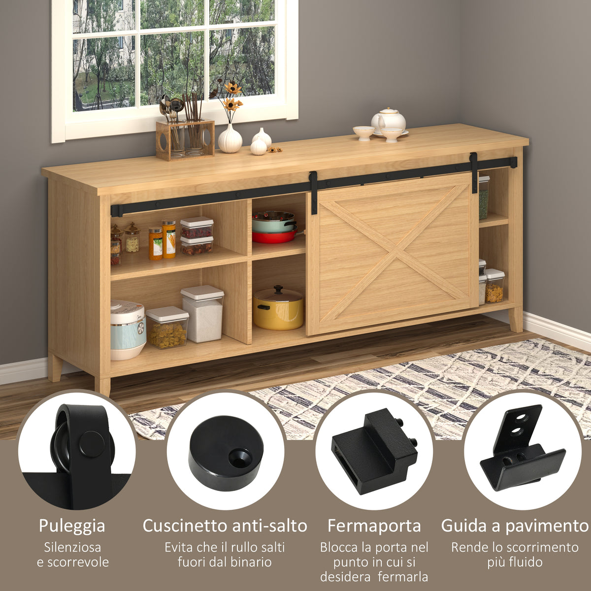 Kit per Porta Scorrevole in Legno con Binario 200cm e Portata 20kg, Nero