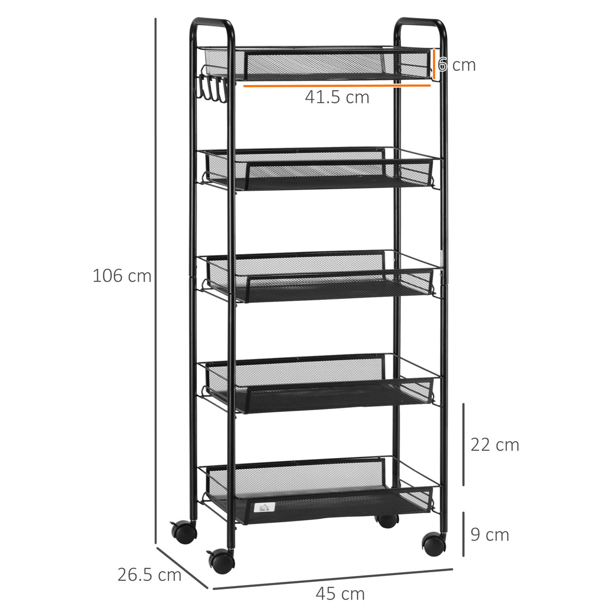 Carrello da Cucina Salvaspazio a 5 Livelli con Cestini a Rete in Acciaio, 45x26.5x106cm, Nero