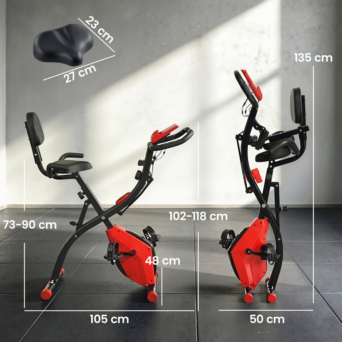 Cyclette Pieghevole 2 in 1, Resistenza Magnetica Regolabile 8 Livelli, Cyclette da Casa Silenziosa con Sensore Cardiaco, Sedile Regolabile, Bande Elastici, Schermo LCD, Ruote, Rosso