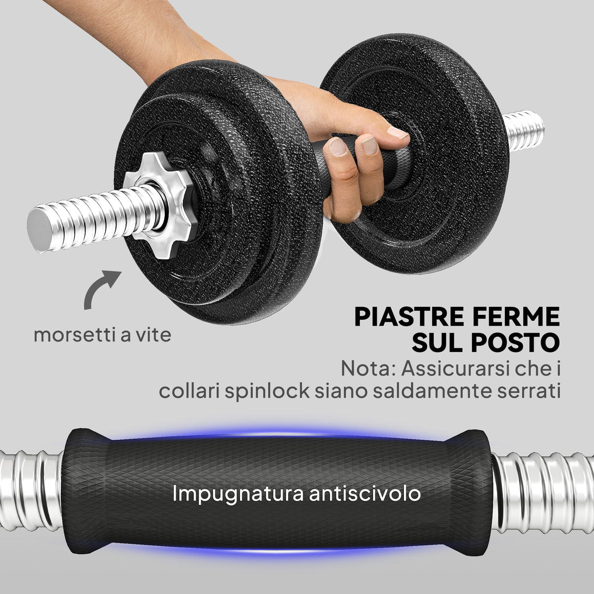 Set Pesi e Bilanciere da 20kg con Impugnature Antiscivolo, 8 Dischi Pesi, Barra Bilanciere e 2 Barre Manubri in Acciaio