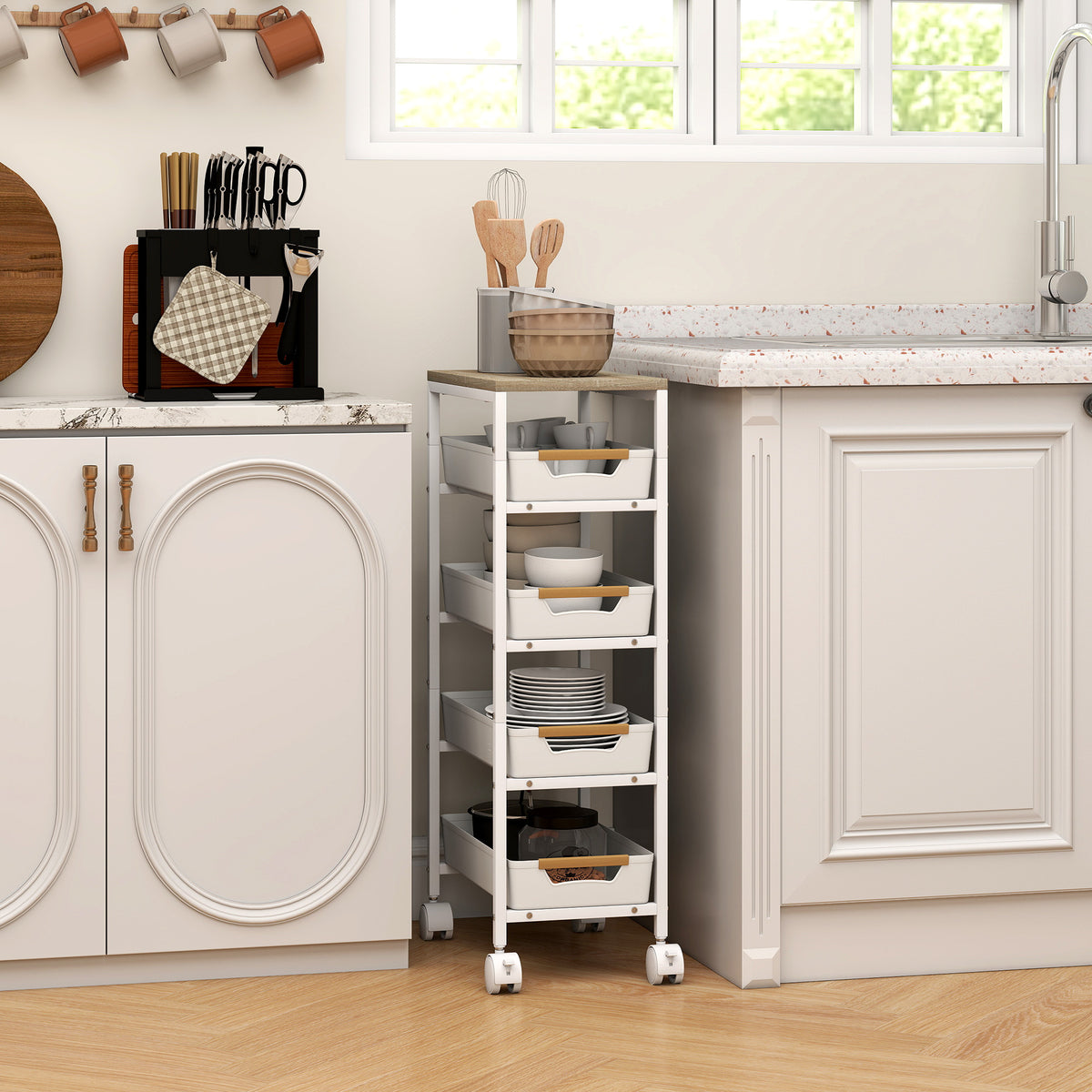 Carrello da Cucina a 5 Livelli con 4 Cesti Estraibili, in Metallo, PP e Legno, 39.5x24x82 cm, Bianco e Rovere