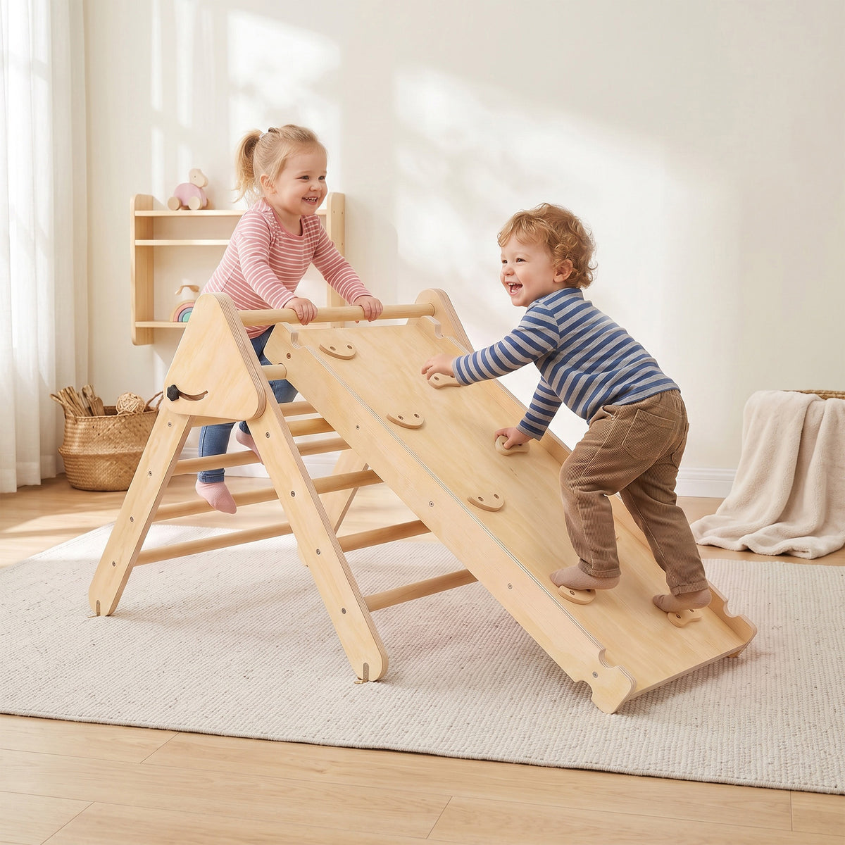 Gioco da Arrampicata con Triangolo e Pannello Scivolo ed Arrampicata, per Bambini 18-48 Mesi, Color Legno