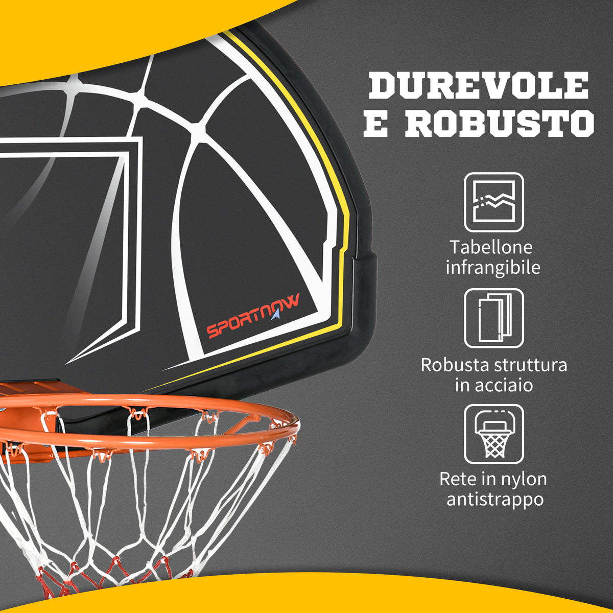 Canestro Basket per Bambini e Adulti da Indoor e Outdoor in Acciaio e PE, 110x90x70 cm, Nero e Giallo