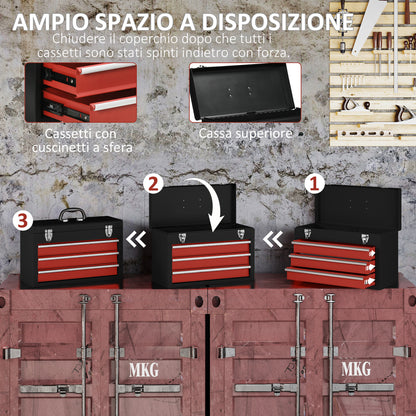 Cassetta Porta Attrezzi in Acciaio con 3 Cassetti e Vassoio Superiore, 51x22x32 cm, Rosso e Nero