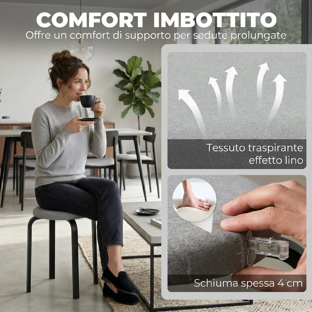 Set di 4 Sgabelli Impilabili Moderni con Cuscino Tondi, Grigio