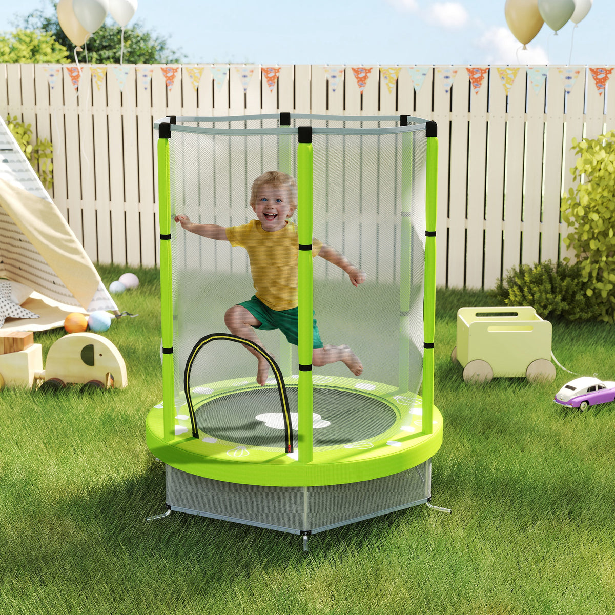 Trampolino Elastico per Bambini 140 cm con Rete di Sicurezza e Disegni, Età 3-6 Anni, Verde