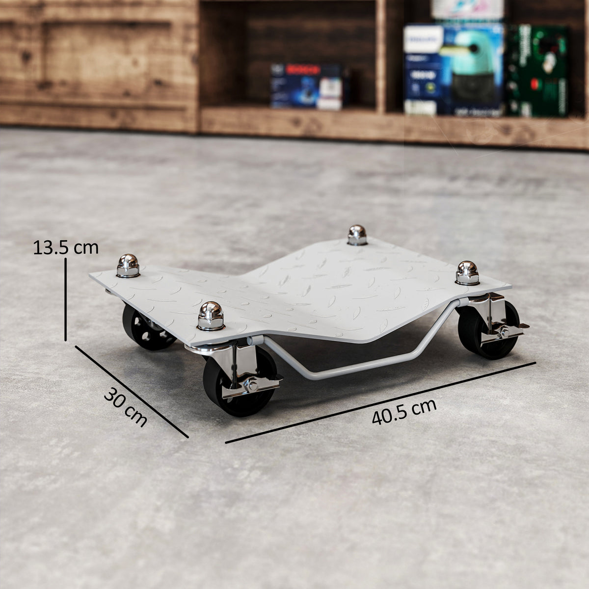Set di 2 Carrelli Sposta Auto in Metallo Antiscivolo con Ruote Girevoli e Bloccabili, Argento