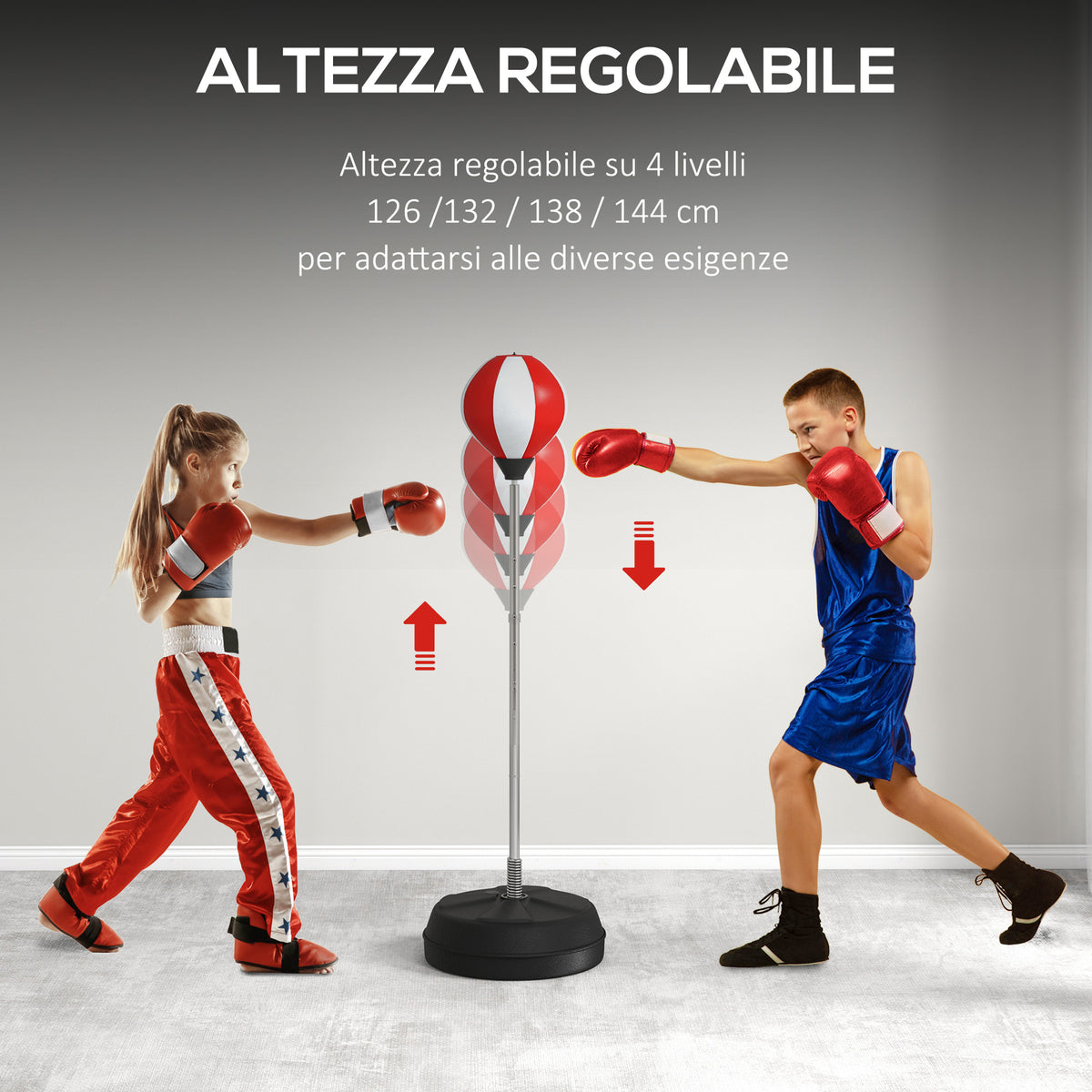 Punching Ball da Terra ad Altezza Regolabile con Guantoni e Base Riempibile, 43x43x126-144 cm, Rosso e Bianco