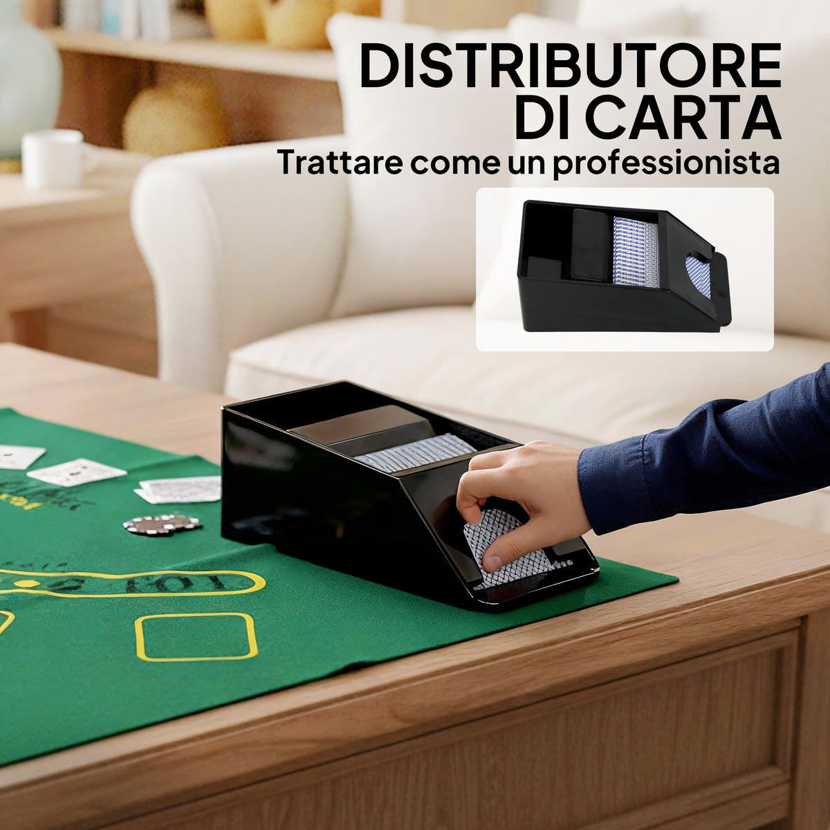 Set Poker con 300 Fiches, Mescolatore e Distributore Carte, Tappetino, 5 Dadi, Pulsante Dealer e Valigetta