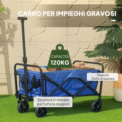 Carrello da Giardino 62L Pieghevole con Maniglia Regolabile, in Metallo e Tessuto Oxford, 76x48x86 cm, Blu