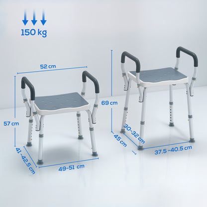 Sgabello per Doccia Regolabile con Braccioli e Fori di Drenaggio, in Alluminio, HDPE e EVA, 52x45x57-69 cm