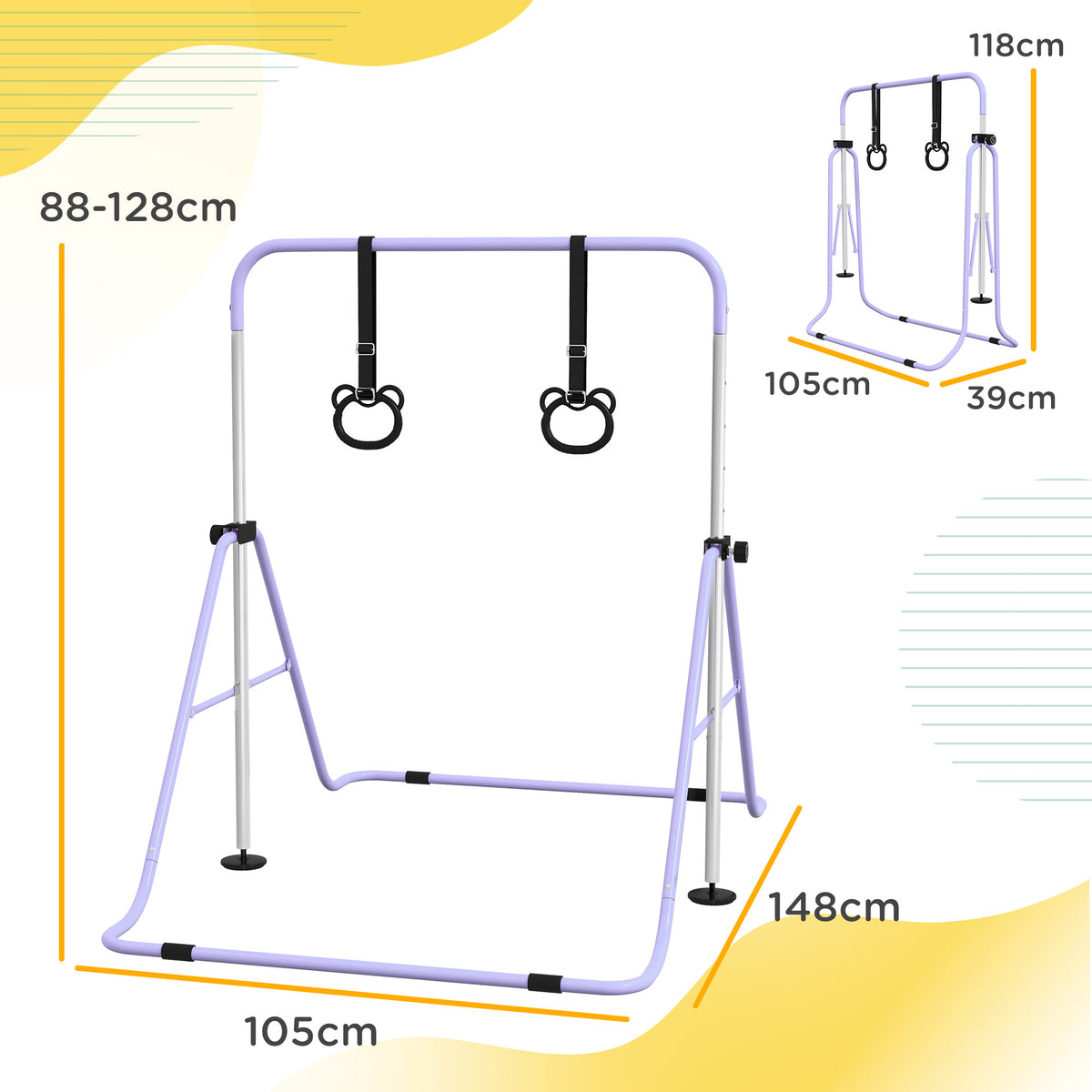 Sbarra Ginnastica Artistica per Bambini ad Altezza Regolabile con 2 Anelli, in Acciaio, 148x105x88-128 cm, Viola