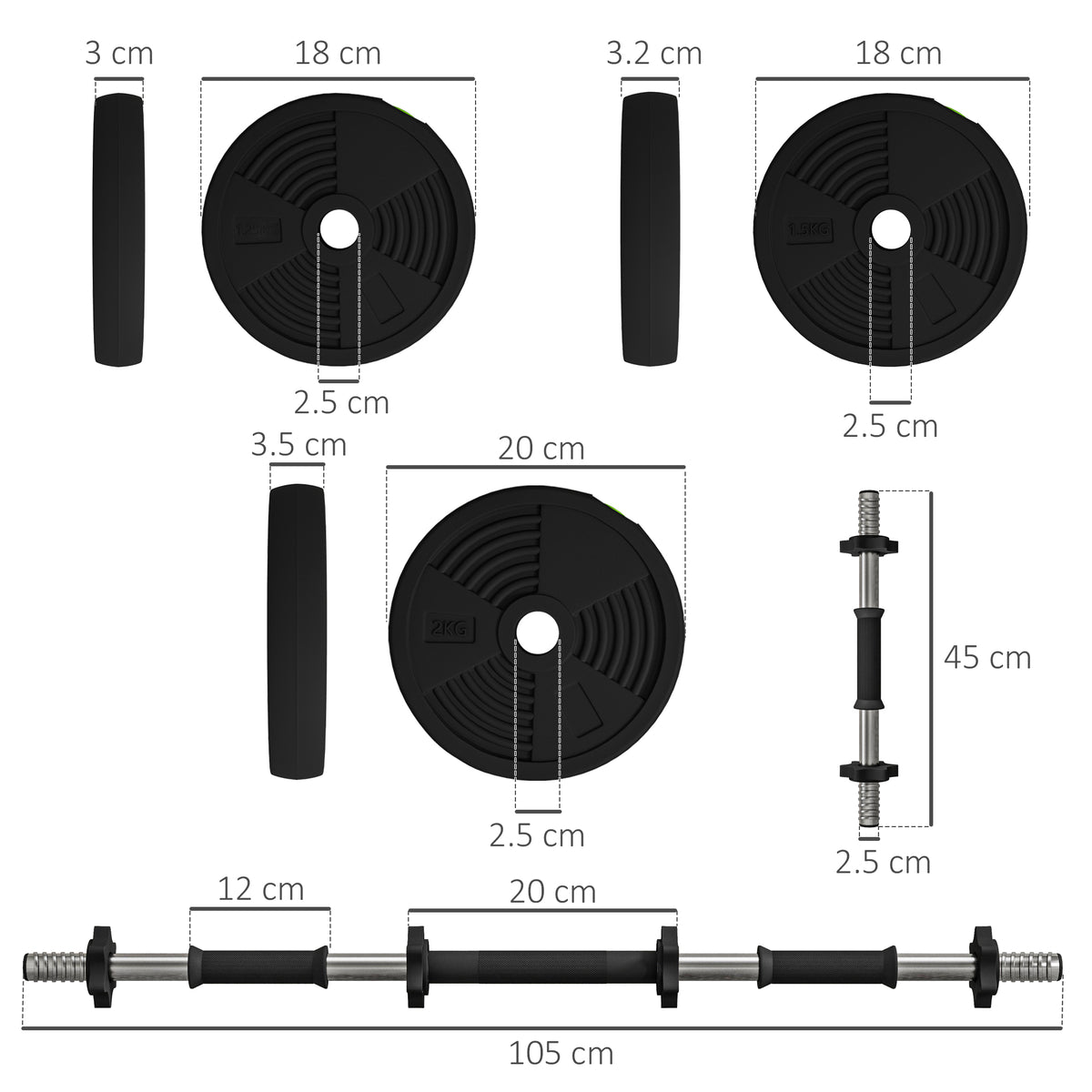 Set 2 in 1 con 2 Manubri Convertibili in Bilanciere, Peso Totale 20 kg e Dischi Pesi Regolabili, Nero