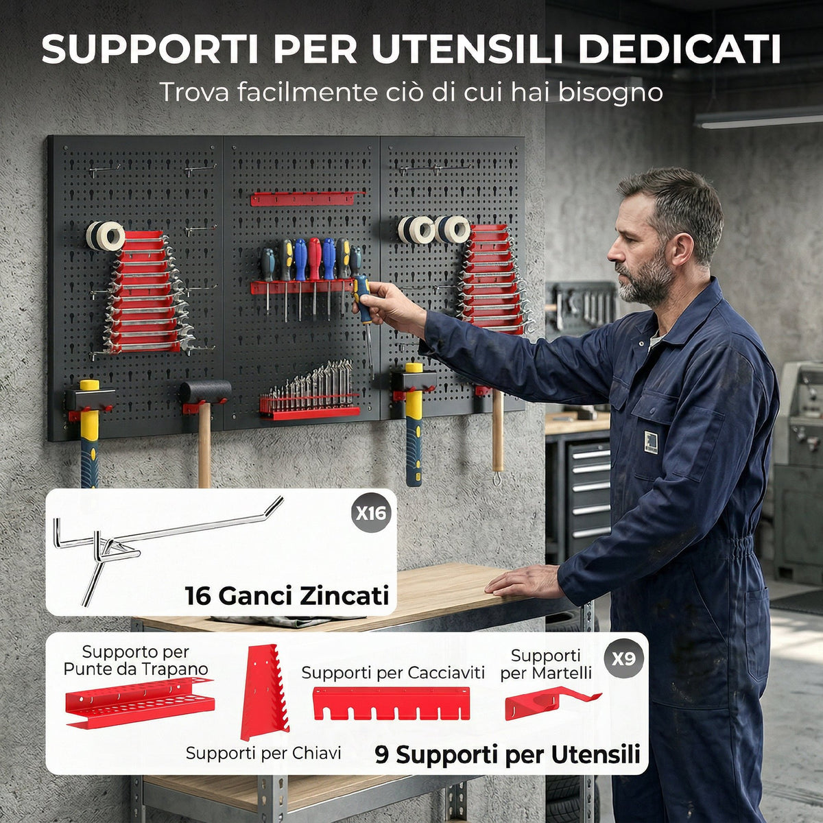 Set 3 Pannelli Porta Attrezzi da Parete in Acciaio con 9 Supporti e 16 Ganci, Nero e Rosso