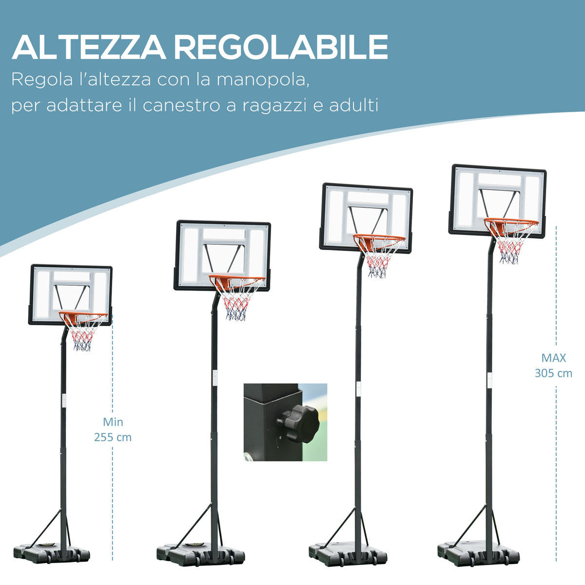 Canestro Basket per Adulti con Altezza Regolabile 302-352cm, Struttura in Acciaio, PE e PVC, Nero