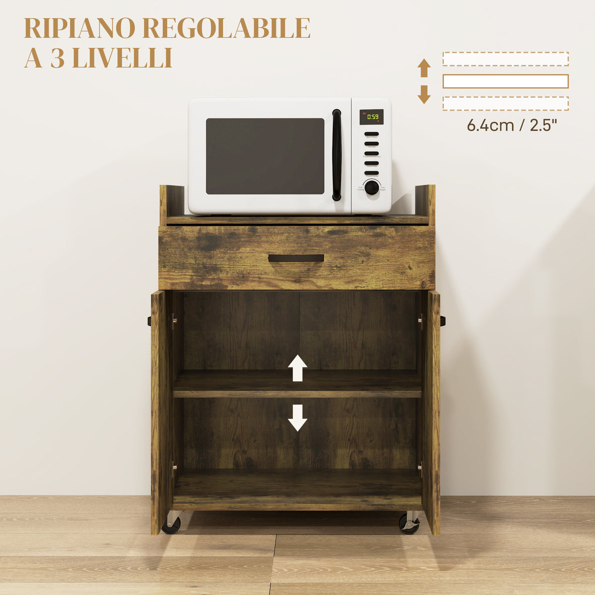 Carrello da Cucina con Cassetto, Armadietto e 4 Ruote in Legno, 60x40x77cm, Marrone Rustico