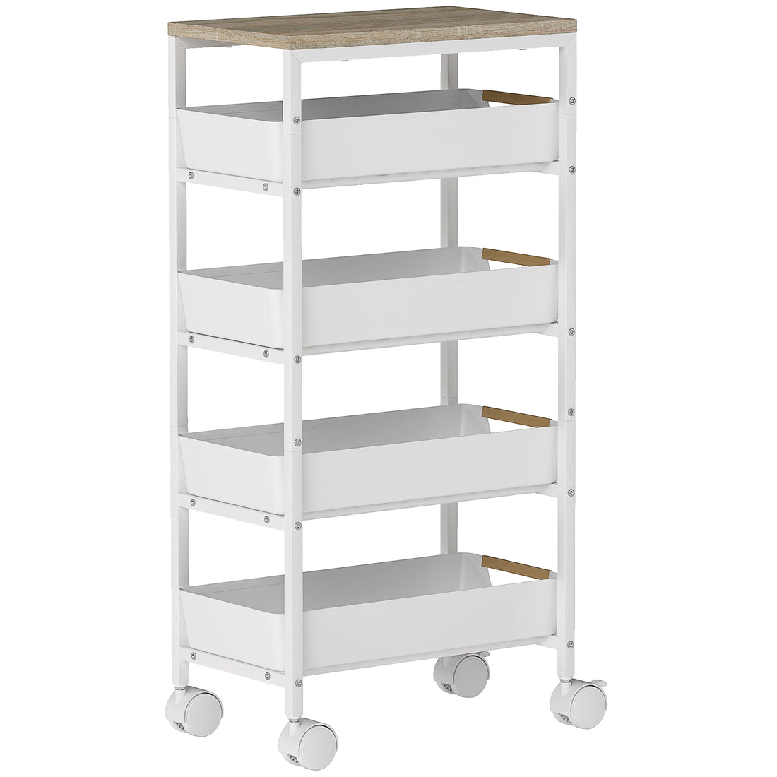 Carrello da Cucina a 5 Livelli con 4 Cesti Estraibili, in Metallo, PP e Legno, 39.5x24x82 cm, Bianco e Rovere