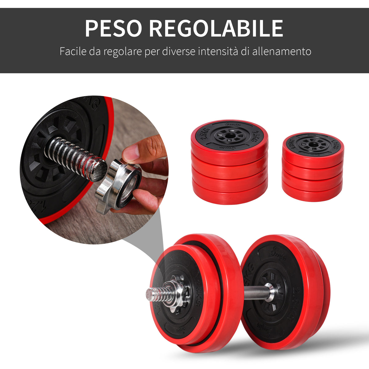 Set 2 in 1 Bilanciere e Manubri Pesi da 20kg, Dischi con Rivestimento in Plastica Antigraffio, Rosso e Nero