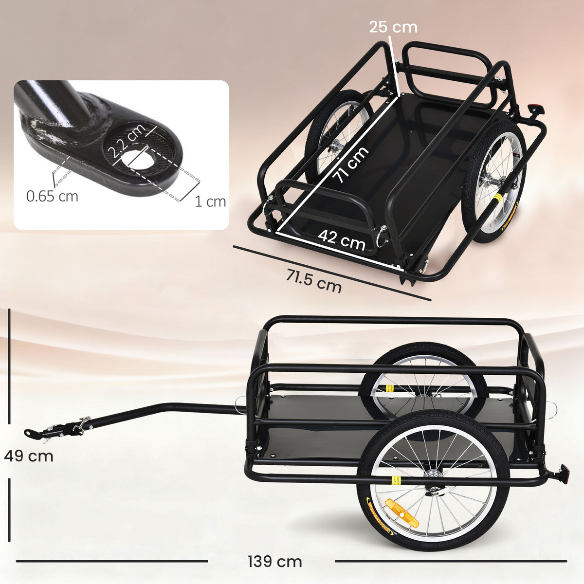 Carrello Bici con Pareti Pieghevoli, Gancio e 4 Catarifrangenti, in Acciaio e PE, 139x71.5x49 cm, Nero