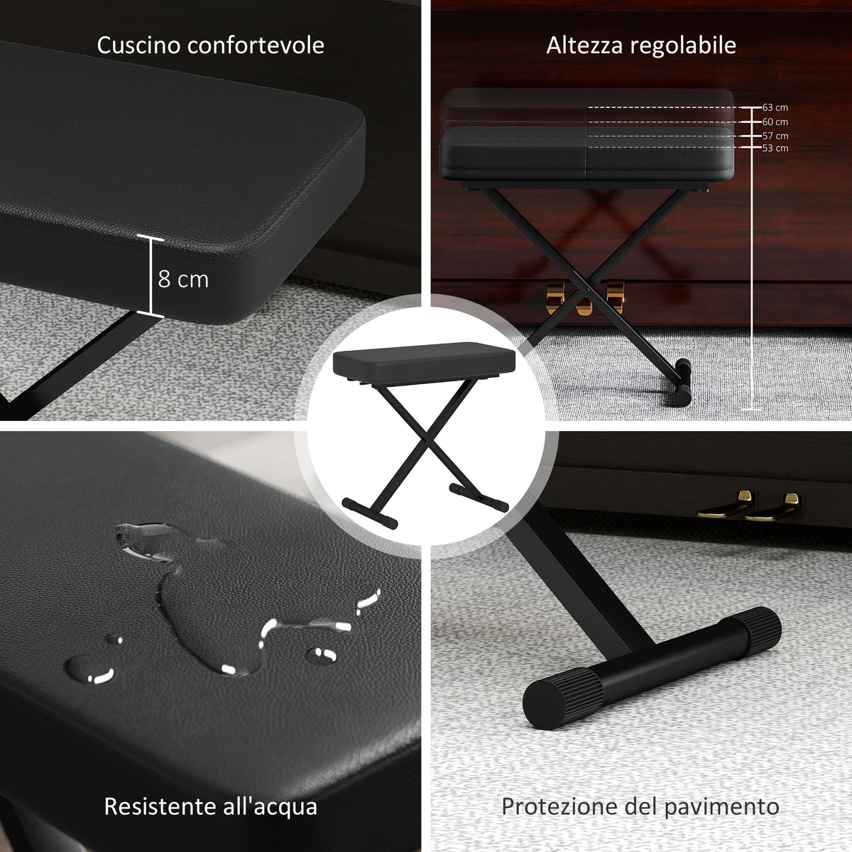 Sgabello per Pianoforte Pieghevole e Regolabile su 4 Altezze, in Pelle PU, Schiuma e Metallo, 60x32x53-63 cm, Nero
