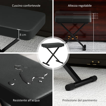 Sgabello per Pianoforte Pieghevole e Regolabile su 4 Altezze, in Pelle PU, Schiuma e Metallo, 60x32x53-63 cm, Nero