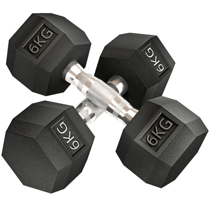 Set di 2 Manubri da 6 kg Esagonali con Presa Antiscivolo e Rivestimento in Gomma, Nero
