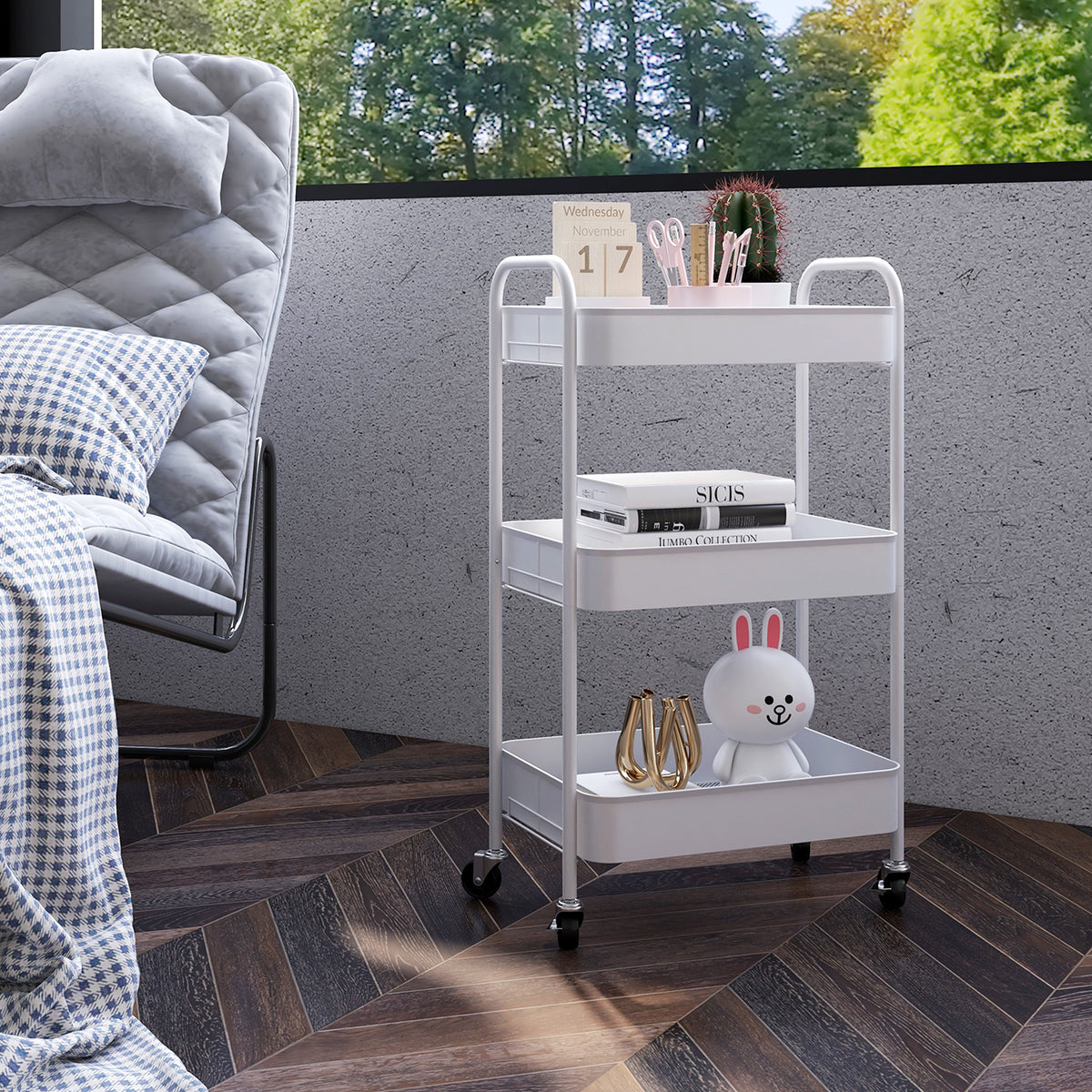 Carrello da Cucina a 3 Livelli con Maniglie e 4 Rotelle, in Acciaio, 45x30.6x79 cm, Bianco