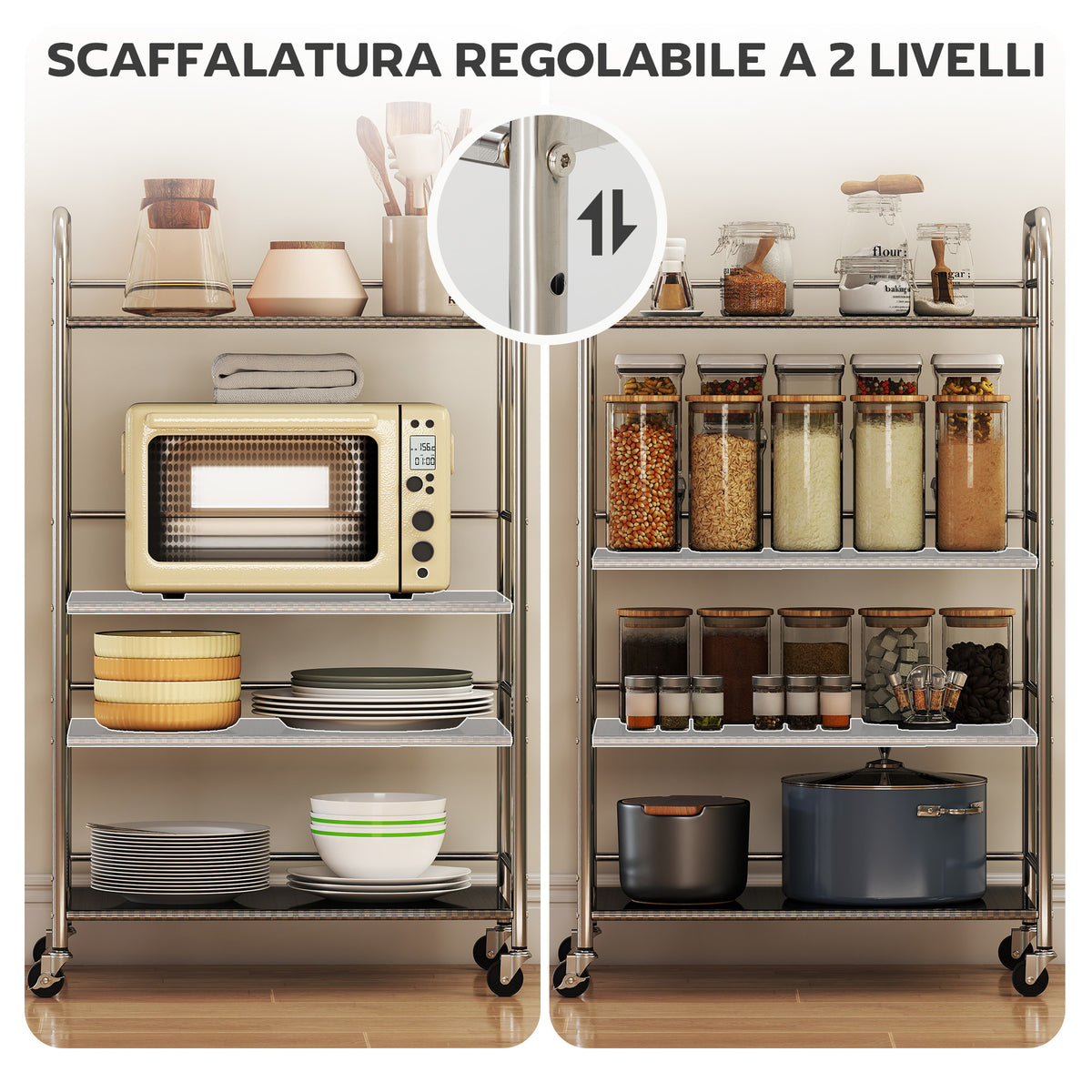 Carrello Multiuso a 4 Livelli con 2 Ripiani Regolabili e Bordi Rialzati, in Acciaio Inox, 60x35x100 cm
