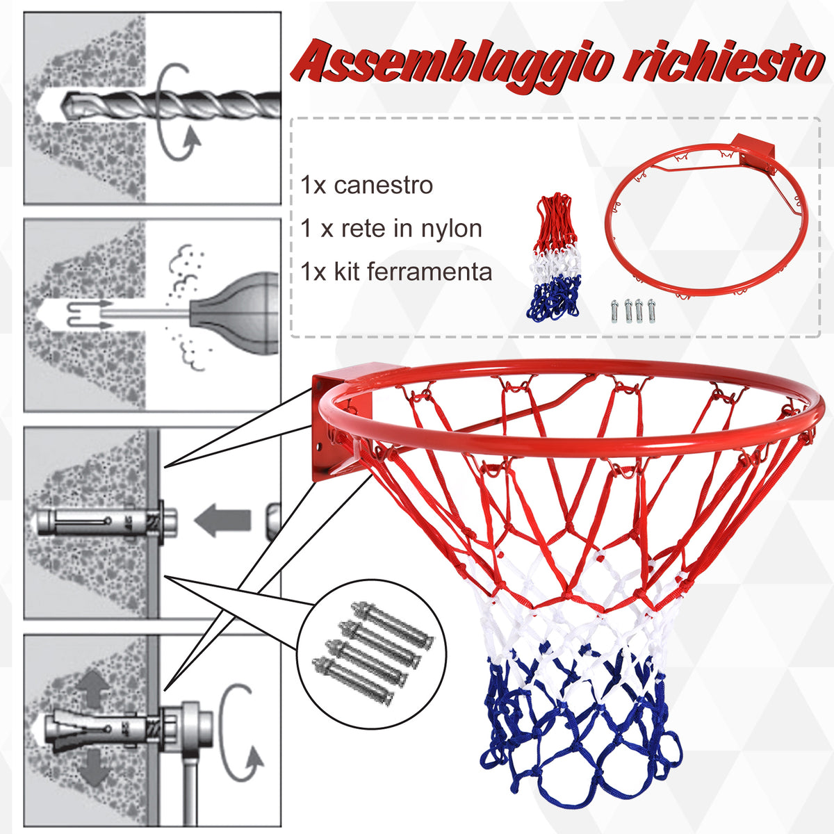 Canestro Basket da Muro in Ferro con Rete in Nylon per Esterno e Interno, ?46cm
