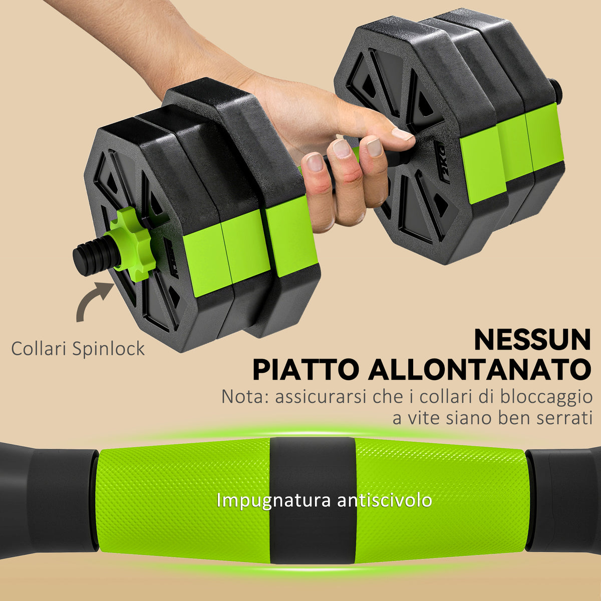 Set Pesi Palestra 6 in 1 Multifunzione da 20kg Totali in Plastica e Sabbia, 125x18x18 cm, Verde