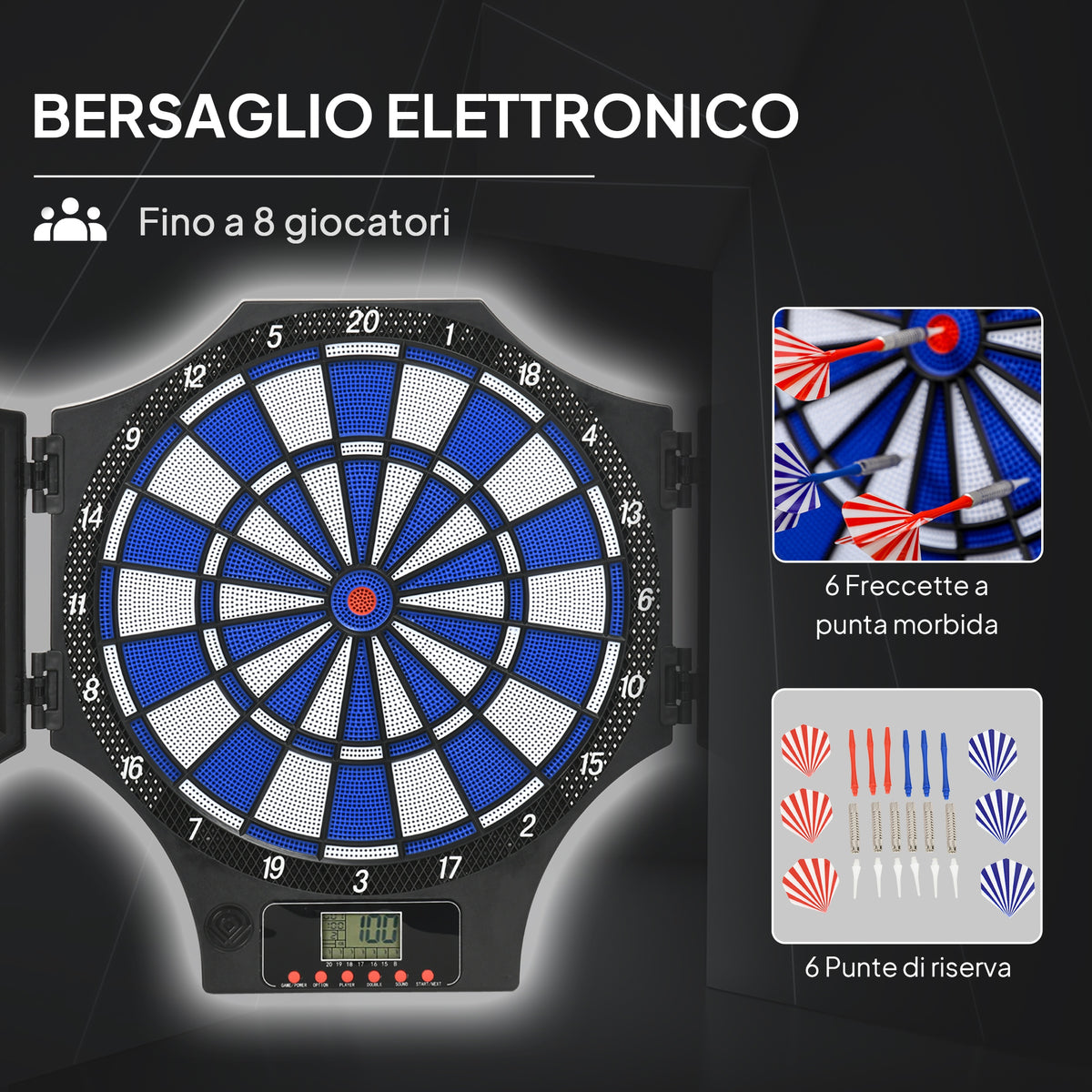Bersaglio Freccette Elettronico con 6 Freccette e Monitor LCD per 31 Giochi, 83x45x4 cm, Nero e Blu