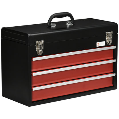 Cassetta Porta Attrezzi in Acciaio con 3 Cassetti e Vassoio Superiore, 51x22x32 cm, Rosso e Nero