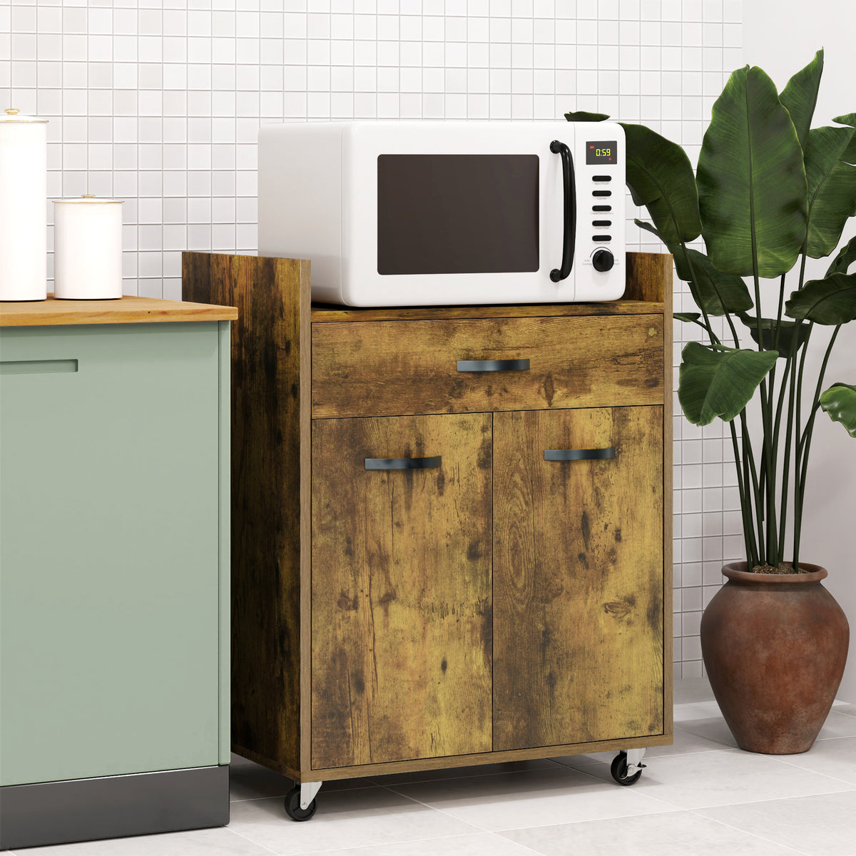 Carrello da Cucina con Cassetto, Armadietto e 4 Ruote in Legno, 60x40x77cm, Marrone Rustico