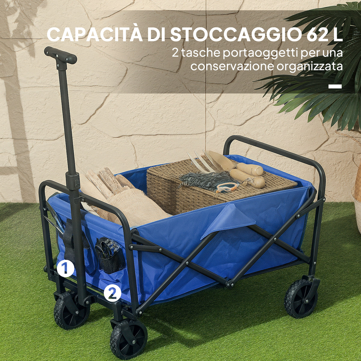 Carrello da Giardino 62L Pieghevole con Maniglia Regolabile, in Metallo e Tessuto Oxford, 76x48x86 cm, Blu