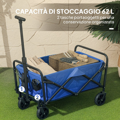 Carrello da Giardino 62L Pieghevole con Maniglia Regolabile, in Metallo e Tessuto Oxford, 76x48x86 cm, Blu