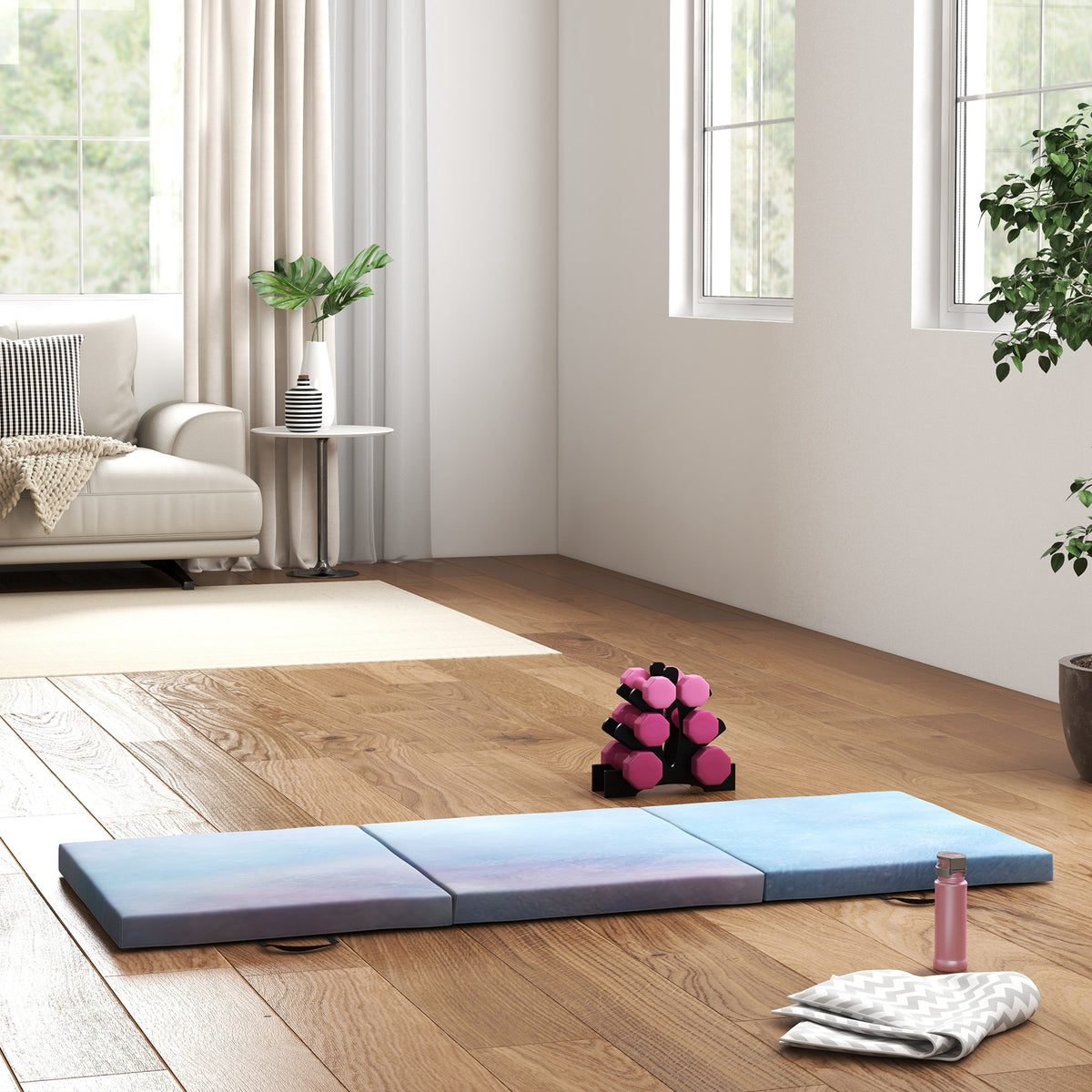 Tappetino da Ginnastica 180 cm Pieghevole, Crash Mat Spesso 5 cm con Maniglie per Allenamento a Casa, Azzurro