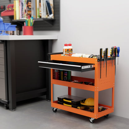 Carrello Porta Attrezzi con Manico Laterale, Cassetto e 3 Ripiani in Acciaio, 82x35x76 cm, Arancione