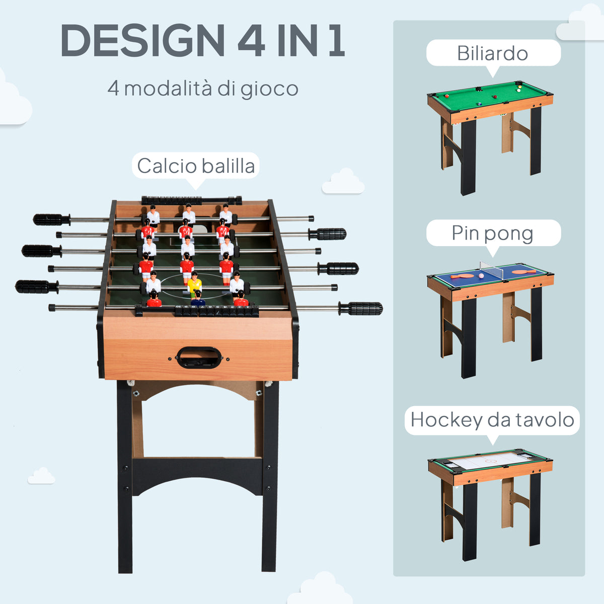 Tavolo Multigioco 4 in 1 con Calcio Balilla, Hockey da Tavolo, Ping Pong e Biliardo in MDF, 92x78x80cm