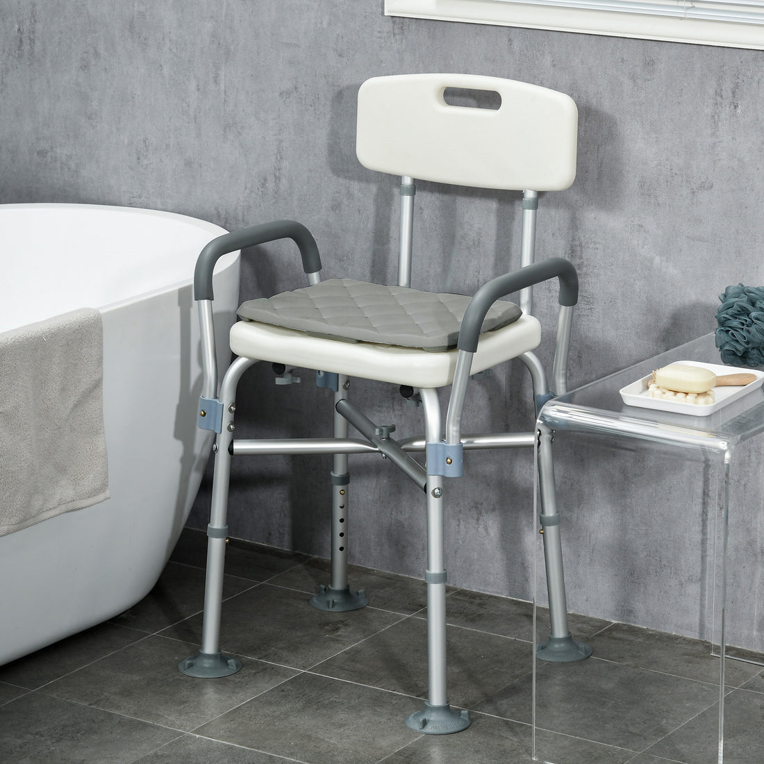 Sedia Doccia ad Altezza Regolabile con Braccioli e Cuscino Rimovibile 53.5x52x80-90 cm, Bianca