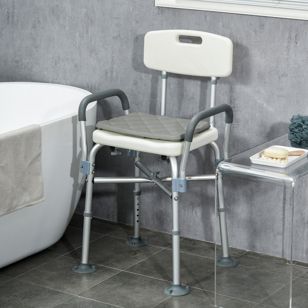 Sedia Doccia ad Altezza Regolabile con Braccioli e Cuscino Rimovibile 53.5x52x80-90 cm, Bianca